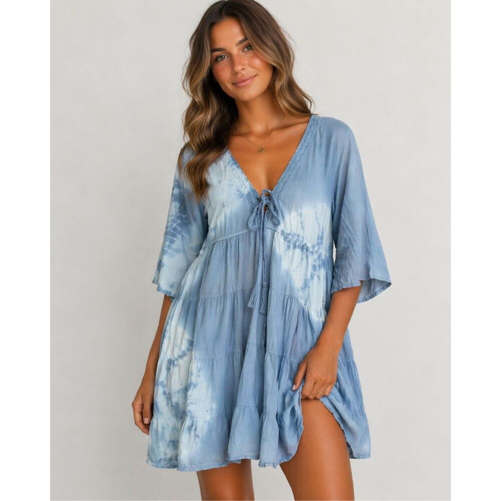 Beach By Exist Blue Tie-Dye V-Neck Tiered Mini Dress